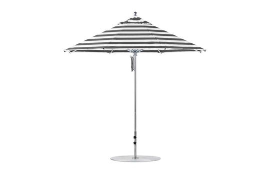 A Ledge Lounger Premier Aluminum Umbrella in black and white stripes with a silver pole and round base, crafted from marine-grade fabrics, is displayed open and viewed side-on against a white background.