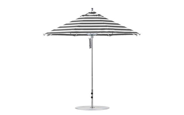 A Ledge Lounger Premier Aluminum Umbrella in black and white stripes with a silver pole and round base, crafted from marine-grade fabrics, is displayed open and viewed side-on against a white background.