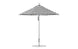 A Ledge Lounger Premier Aluminum Umbrella in black and white stripes with a silver pole and round base, crafted from marine-grade fabrics, is displayed open and viewed side-on against a white background.