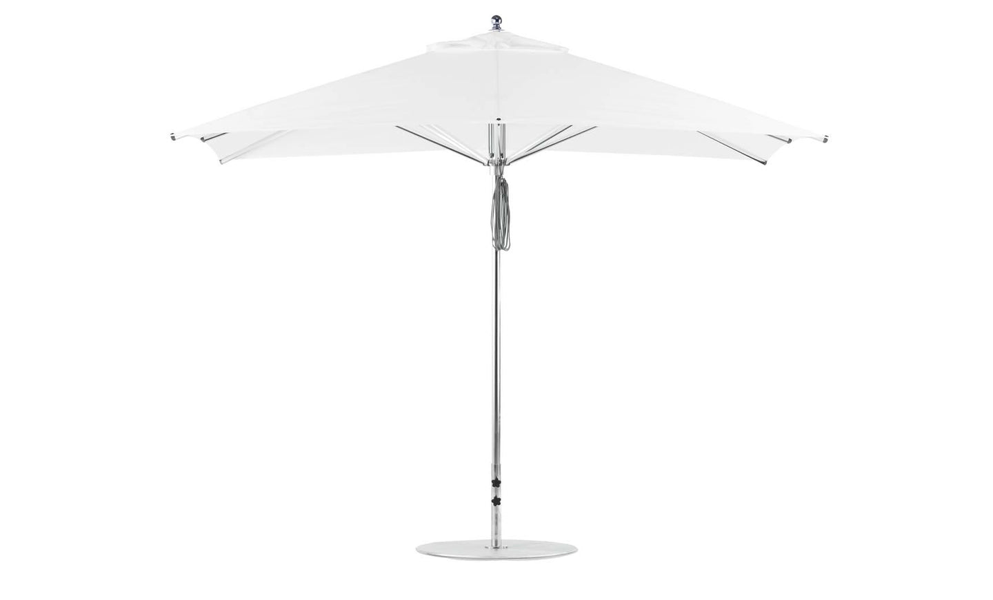 The Ledge Loungers Premier Aluminum Umbrella features an 8.5 rectangle canopy in white, crafted with wind-resistant marine-grade fabrics. Its sturdy metal pole and round base offer clean lines that enhance any serene outdoor setting.
