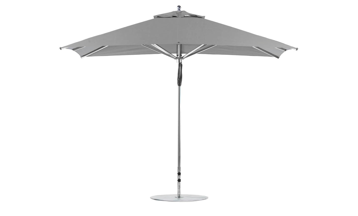 The Ledge Lounger Premier Aluminum Umbrella boasts an 8.5 rectangular canopy with a slim metal pole and round base, featuring marine-grade fabrics for durability and a minimalist design.