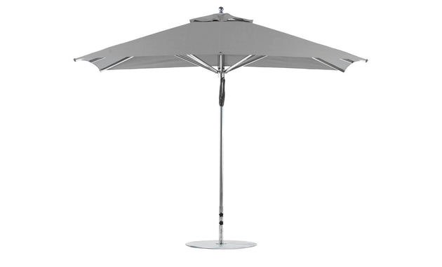The Ledge Lounger Premier Aluminum Umbrella boasts an 8.5 rectangular canopy with a slim metal pole and round base, featuring marine-grade fabrics for durability and a minimalist design.