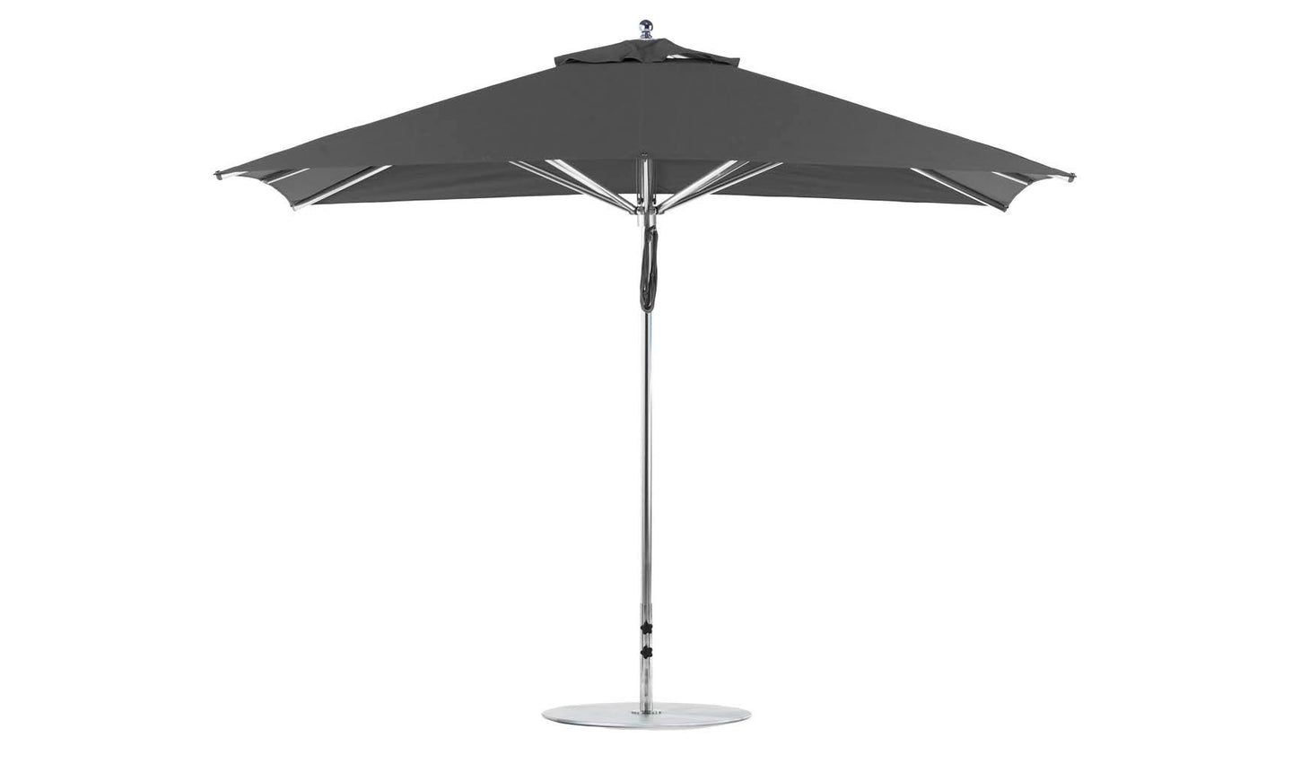 The Premier Aluminum Umbrella by Ledge Lounger features an 8.5 rectangular canopy with marine-grade fabric and top vent for airflow, a sleek metal pole, and a stable round base. This wind-resistant design adds modern elegance to any patio setting.