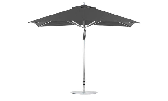 The Premier Aluminum Umbrella by Ledge Lounger features an 8.5 rectangular canopy with marine-grade fabric and top vent for airflow, a sleek metal pole, and a stable round base. This wind-resistant design adds modern elegance to any patio setting.