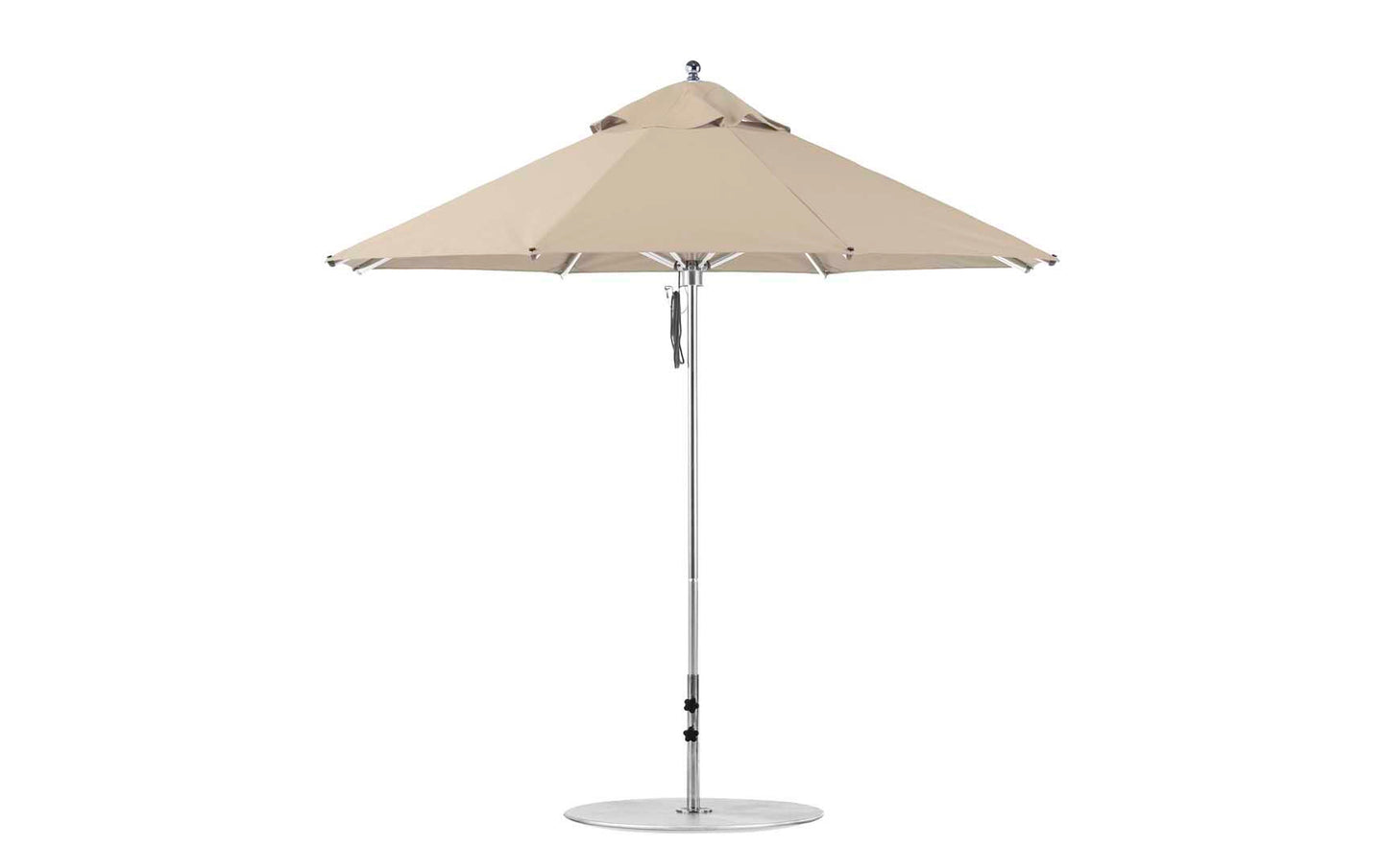 The Premier Aluminum Umbrella - 9 Octagon Pulley by Ledge Lounger features a beige marine-grade fabric canopy, a silver pole, and circular base against a plain white background.