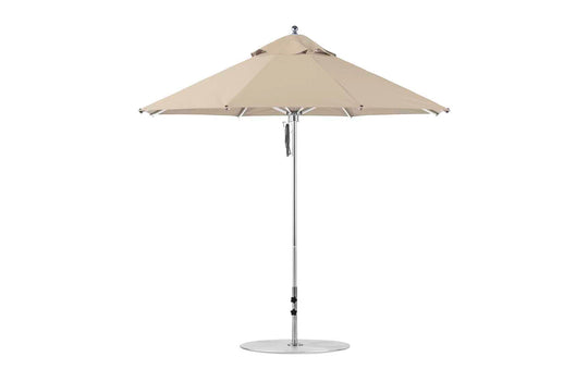 The Premier Aluminum Umbrella - 9 Octagon Pulley by Ledge Lounger features a beige marine-grade fabric canopy, a silver pole, and circular base against a plain white background.