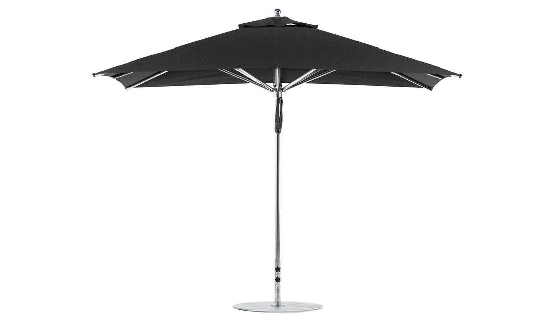 A black Ledge Lounger Premier Aluminum Umbrella - 8.5 Rectangle Pulley, featuring a metal pole and base, sleek design, and marine-grade fabrics. Perfect for garden or patio use; wind-resistant and stylish.