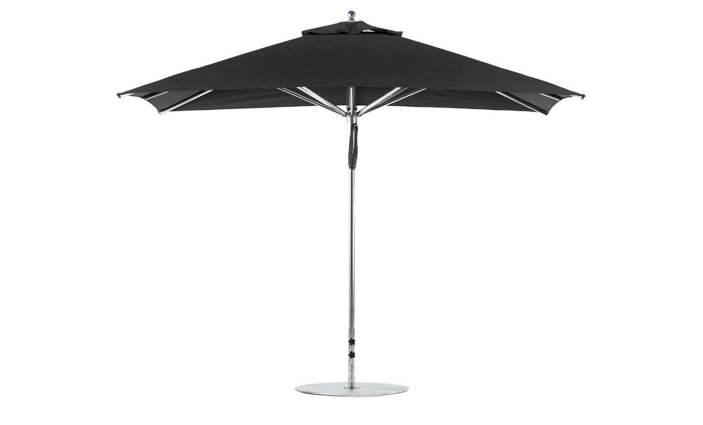 A black Ledge Lounger Premier Aluminum Umbrella - 8.5 Rectangle Pulley, featuring a metal pole and base, sleek design, and marine-grade fabrics. Perfect for garden or patio use; wind-resistant and stylish.