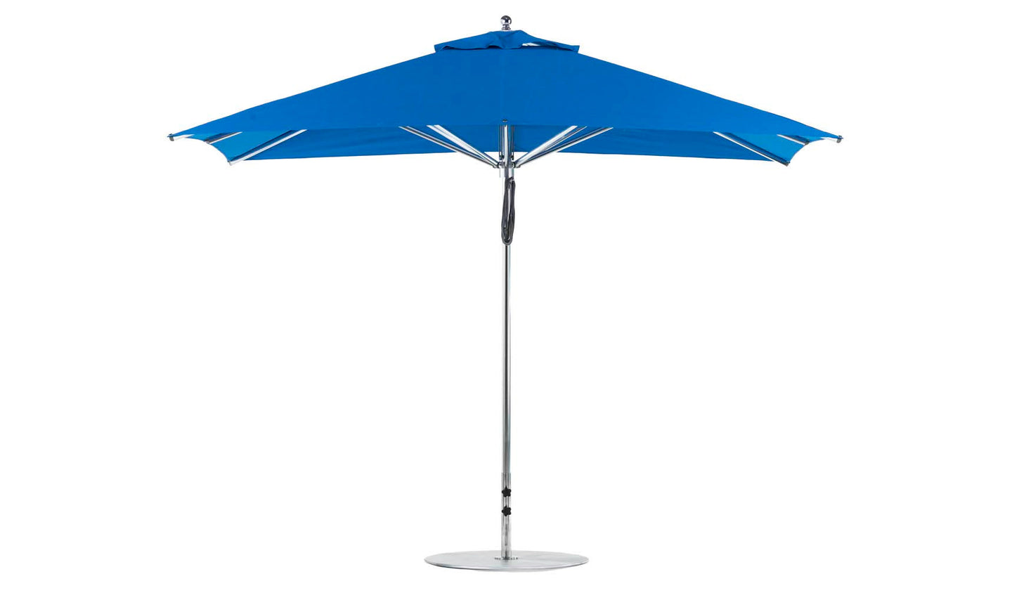 The Ledge Lounger Premier Aluminum Umbrella - 8.5 Rectangle Pulley features a wind-resistant, wide canopy in marine-grade fabric. It stands fully open with a sturdy metal pole and base in all its blue glory against a plain white background.
