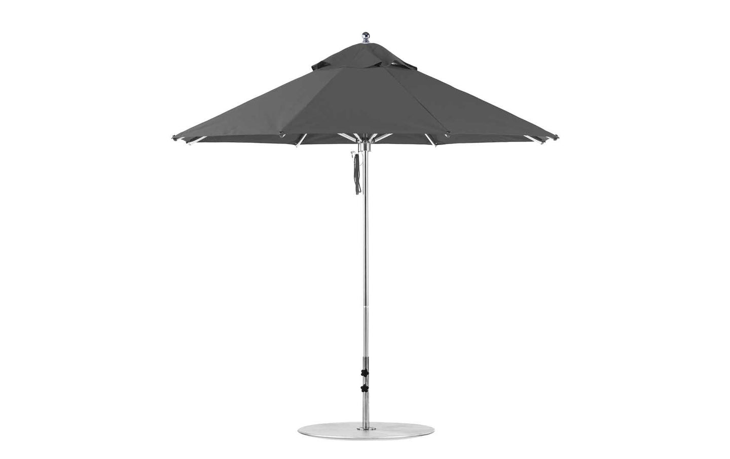 A Ledge Lounger Premier Aluminum Umbrella with a 9 octagon canopy, crafted from marine-grade fabrics, and a metal pole stands on a flat circular base, showcasing its solid gray color against a white background.