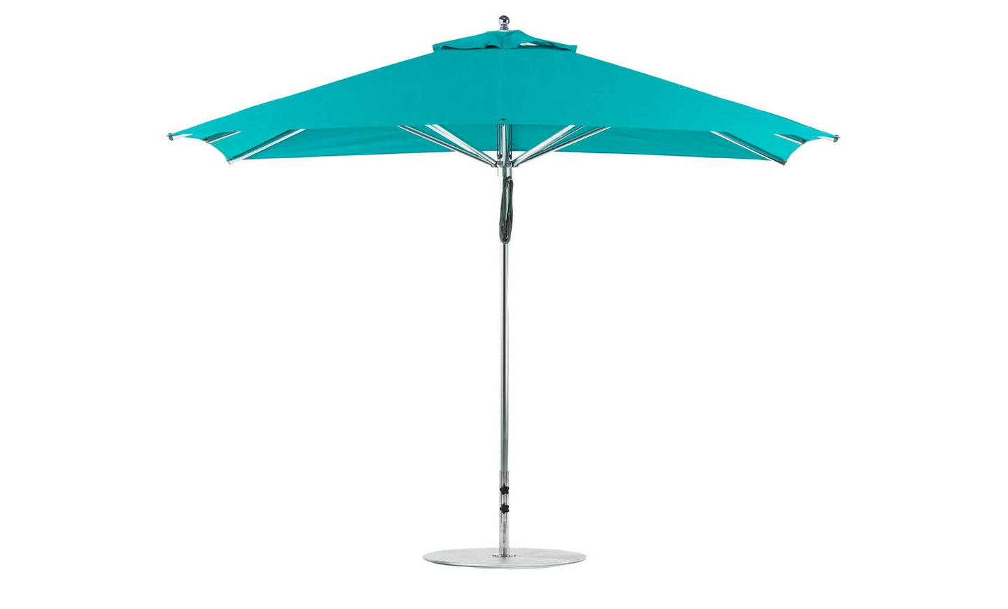 The Ledge Lounger Premier Aluminum Umbrella - 8.5 Rectangle Pulley in turquoise boasts a wind-resistant design with a silver pole and round base, fully open to display its wide canopy, metallic frame, and marine-grade fabrics for lasting style.
