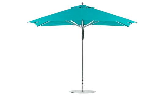 The Ledge Lounger Premier Aluminum Umbrella - 8.5 Rectangle Pulley in turquoise boasts a wind-resistant design with a silver pole and round base, fully open to display its wide canopy, metallic frame, and marine-grade fabrics for lasting style.