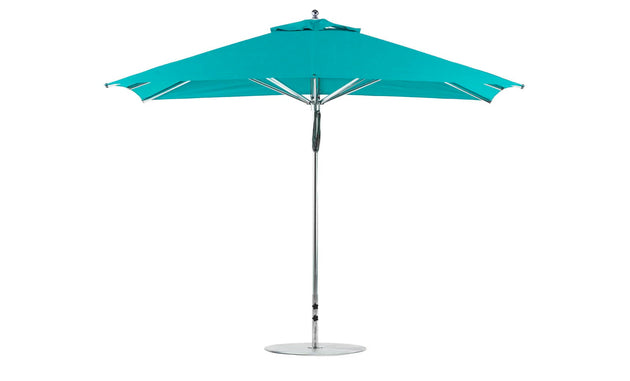 The Ledge Lounger Premier Aluminum Umbrella - 8.5 Rectangle Pulley in turquoise boasts a wind-resistant design with a silver pole and round base, fully open to display its wide canopy, metallic frame, and marine-grade fabrics for lasting style.