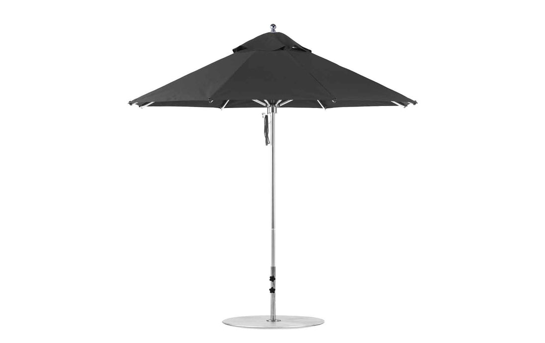 The Ledge Lounger Premier Aluminum Umbrella - 9 Octagon Pulley features a central metal pole and sturdy base, with a wind-resistant, wide octagonal shape made from marine-grade fabrics.