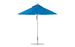 The Ledge Lounger Premier Aluminum Umbrella boasts a deep blue canopy and is crafted with a polished metal pole and flat base. This 9 octagon pulley umbrella is wind-resistant, elegant, and durable, featuring marine-grade fabric ideal for outdoor shading.