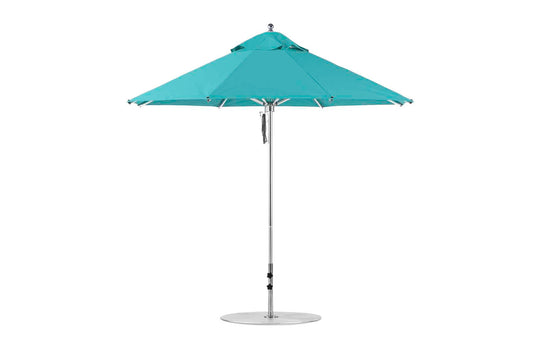 The Ledge Lounger Premier Aluminum Umbrella - 9 Octagon Pulley features a turquoise, wind-resistant canopy with a metal pole. Its vented top provides airflow and shade. Made from marine-grade fabrics, it offers durability and elegance for outdoor spaces.