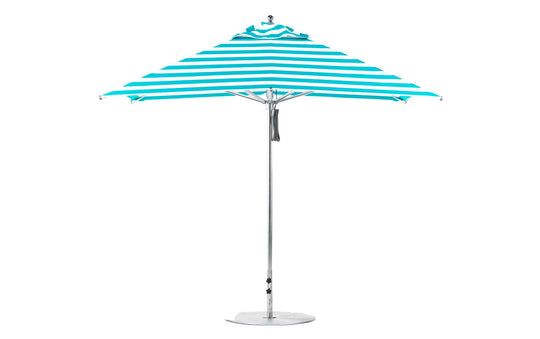 The Ledge Lounger Premier Aluminum Umbrella features a turquoise and white striped pattern, marine-grade fabrics, and a sturdy aluminum pole. This wind-resistant 10 square pulley design is showcased against a pristine white backdrop.