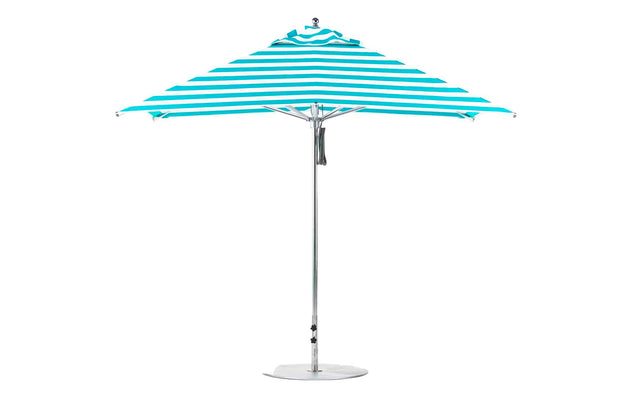 The Ledge Lounger Premier Aluminum Umbrella features a turquoise and white striped pattern, marine-grade fabrics, and a sturdy aluminum pole. This wind-resistant 10 square pulley design is showcased against a pristine white backdrop.
