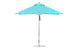 The Ledge Lounger Premier Aluminum Umbrella features a turquoise and white striped pattern, marine-grade fabrics, and a sturdy aluminum pole. This wind-resistant 10 square pulley design is showcased against a pristine white backdrop.