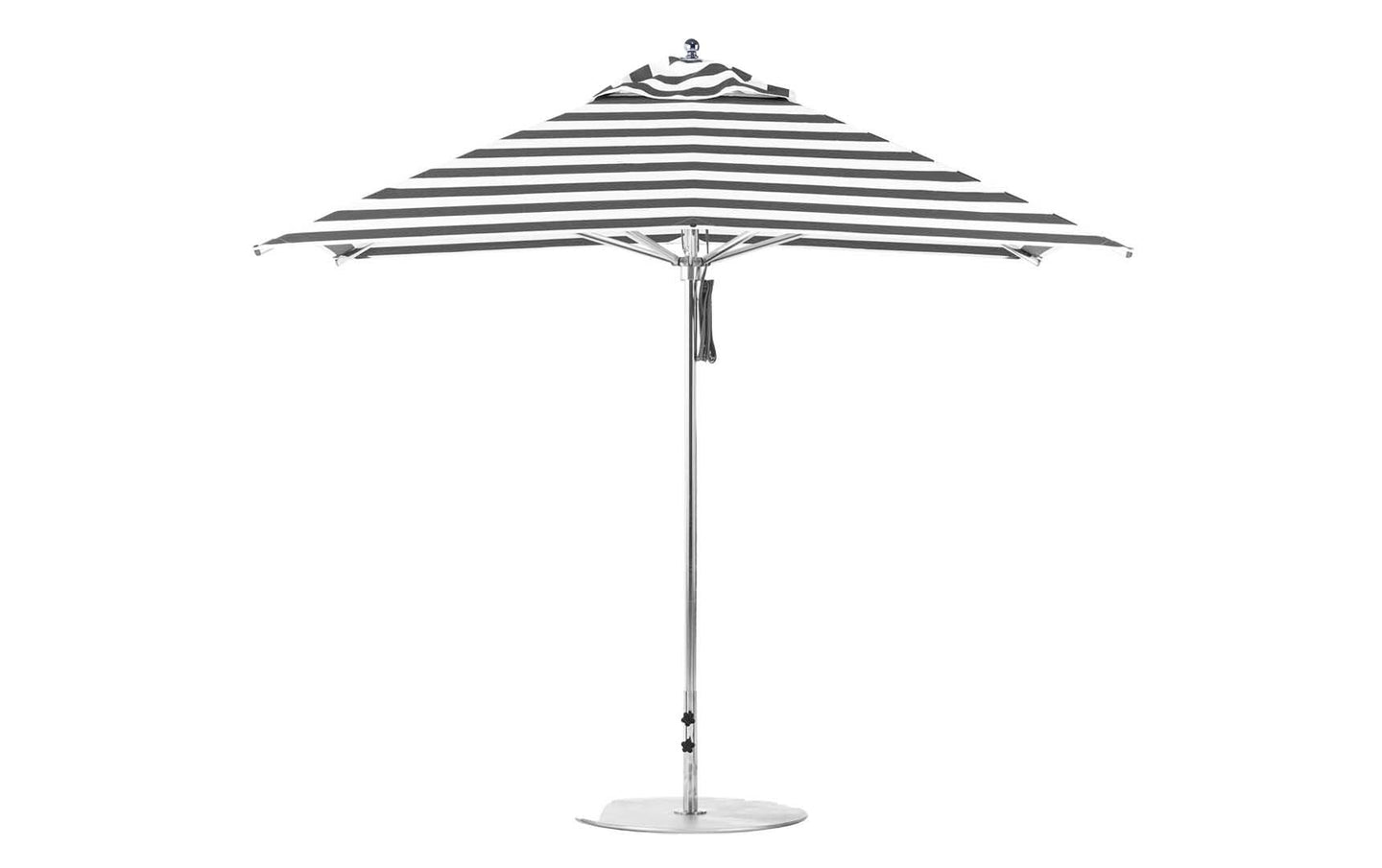 The Premier Aluminum Umbrella by Ledge Lounger features a chic 10 square canopy with black and white stripes crafted from marine-grade fabrics, offering wind-resistant shade. Its stylish silver pole with a round base adds a classic nautical touch to any setting.