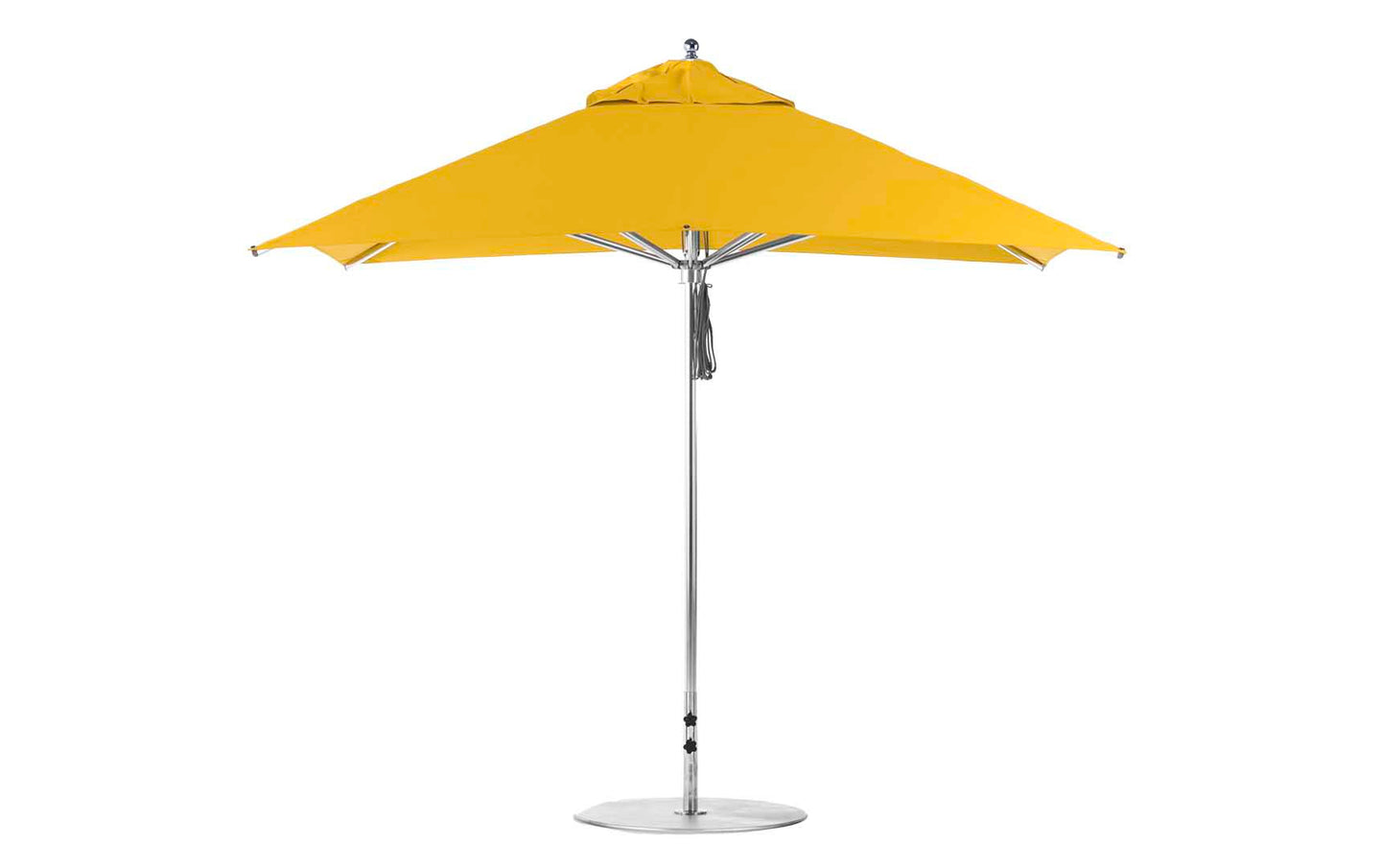 The Premier Aluminum Umbrella – 10 Square Pulley by Ledge Lounger features a yellow canopy with an aluminum pole on a round base, marine-grade fabrics, and a streamlined design that ensures wind resistance, making it ideal for outdoor spaces.