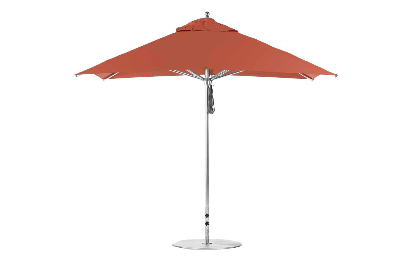 The Premier Aluminum Umbrella by Ledge Lounger, featuring a silver pole and round base, is a front-view 10 square umbrella in red. Crafted from marine-grade fabrics, it offers wind resistance and a sleek modern design.