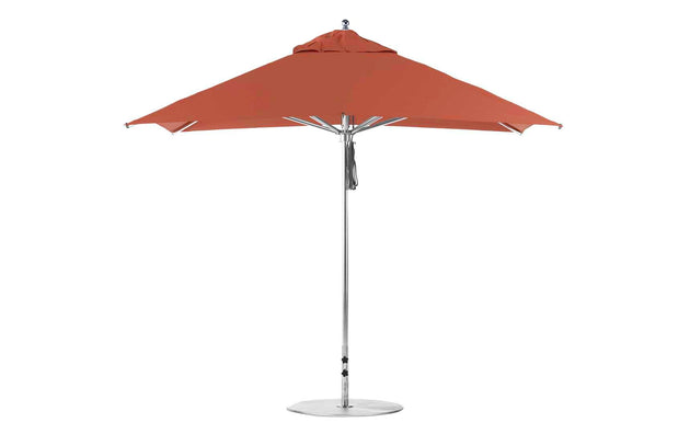 The Premier Aluminum Umbrella by Ledge Lounger, featuring a silver pole and round base, is a front-view 10 square umbrella in red. Crafted from marine-grade fabrics, it offers wind resistance and a sleek modern design.