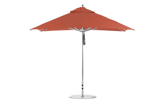 The Ledge Lounger Premier Aluminum Umbrella features a 10 square canopy in red, with a metal pole and round base. Its marine-grade, wind-resistant fabric offers optimal shade when fully open.