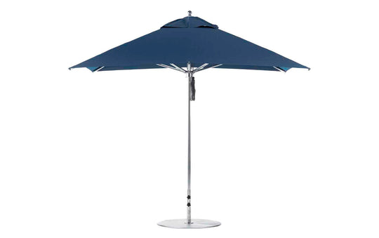 The Ledge Lounger Premier Aluminum Umbrella features marine-grade fabric in blue, a silver pole, and a round base. Its 10 square canopy is fully open over a sturdy metal frame.