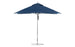 The Ledge Lounger Premier Aluminum Umbrella features marine-grade fabric in blue, a silver pole, and a round base. Its 10 square canopy is fully open over a sturdy metal frame.