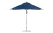 The Ledge Lounger Premier Aluminum Umbrella features marine-grade fabric in blue, a silver pole, and a round base. Its 10 square canopy is fully open over a sturdy metal frame.