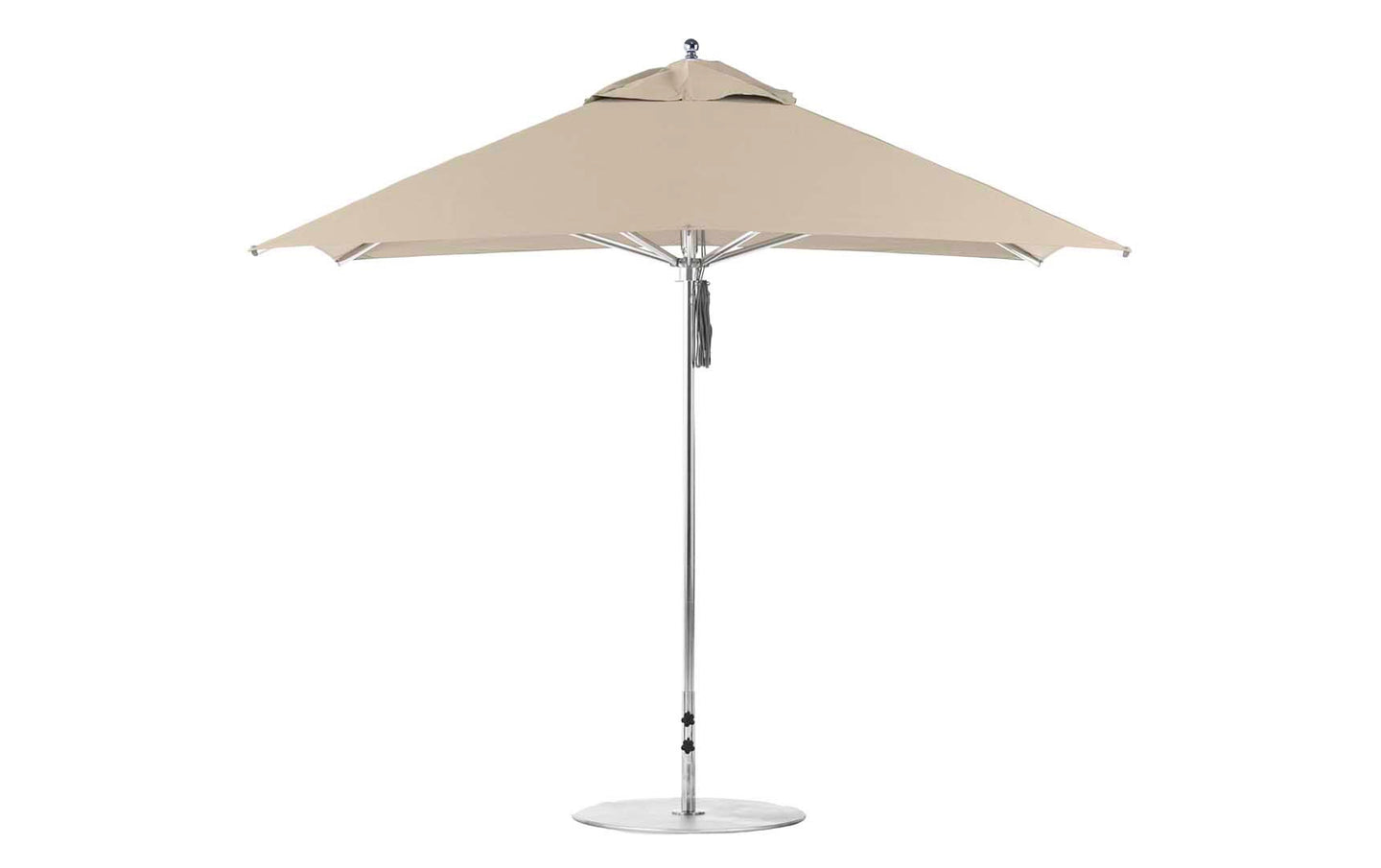 The Ledge Lounger Premier Aluminum Umbrella features a 10 square beige canopy made from marine-grade fabrics, a polished aluminum pole, and stands on a round base against a white background.