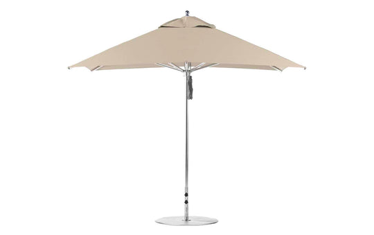 The Ledge Lounger Premier Aluminum Umbrella features a 10 square beige canopy made from marine-grade fabrics, a polished aluminum pole, and stands on a round base against a white background.