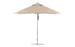 The Ledge Lounger Premier Aluminum Umbrella features a 10 square beige canopy made from marine-grade fabrics, a polished aluminum pole, and stands on a round base against a white background.