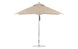 The Ledge Lounger Premier Aluminum Umbrella features a 10 square beige canopy made from marine-grade fabrics, a polished aluminum pole, and stands on a round base against a white background.