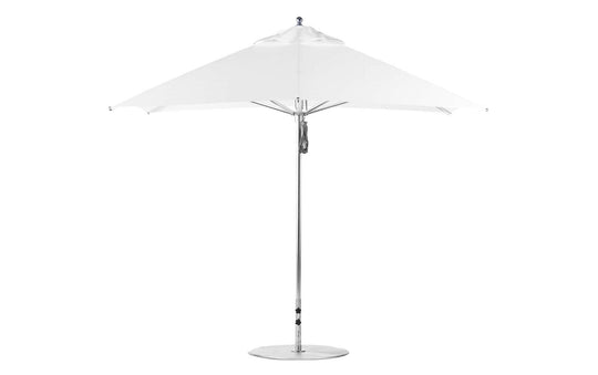 The Ledge Lounger Premier Aluminum Umbrella features a white, wind-resistant design with a metal pole and round base. Its 10 square canopy, crafted from marine-grade fabric, ensures superior sun protection and durability.