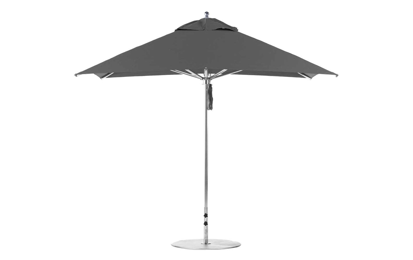 The Premier Aluminum Umbrella by Ledge Lounger features a wind-resistant, modern design with a square canopy made from marine-grade fabrics. It includes a metal pole with a round base and is ideal for patios or gardens.
