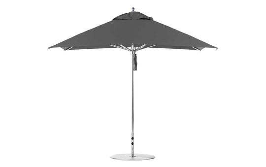 The Premier Aluminum Umbrella by Ledge Lounger features a wind-resistant, modern design with a square canopy made from marine-grade fabrics. It includes a metal pole with a round base and is ideal for patios or gardens.