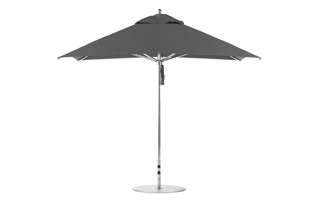 The Premier Aluminum Umbrella by Ledge Lounger features a wind-resistant, modern design with a square canopy made from marine-grade fabrics. It includes a metal pole with a round base and is ideal for patios or gardens.