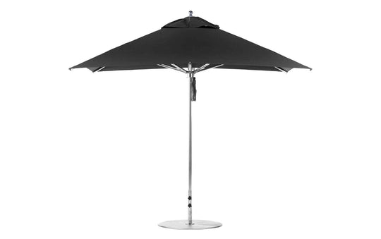 The Premier Aluminum Umbrella - 10 Square Pulley by Ledge Lounger features a marine-grade fabric canopy, supported by a sleek aluminum pole, offering wind resistance and sturdy construction on its circular base.