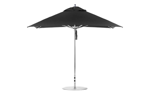 The Premier Aluminum Umbrella - 10 Square Pulley by Ledge Lounger features a marine-grade fabric canopy, supported by a sleek aluminum pole, offering wind resistance and sturdy construction on its circular base.