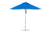 The Premier Aluminum Umbrella by Ledge Lounger features a marine-grade, wind-resistant design. This open blue 10 square umbrella stands against a white background with a sleek aluminum pole and round base, ensuring durability and style in any setting.