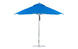 The Premier Aluminum Umbrella by Ledge Lounger features a marine-grade, wind-resistant design. This open blue 10 square umbrella stands against a white background with a sleek aluminum pole and round base, ensuring durability and style in any setting.