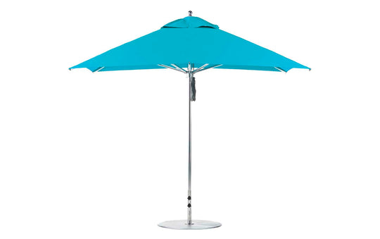 The Premier Aluminum Umbrella - 10 Square Pulley by Ledge Lounger features a vibrant turquoise canopy of marine-grade fabric on a sleek silver pole, standing open on a sturdy, flat base. Designed for wind resistance, it offers reliable protection in any outdoor environment.