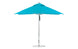 The Premier Aluminum Umbrella - 10 Square Pulley by Ledge Lounger features a vibrant turquoise canopy of marine-grade fabric on a sleek silver pole, standing open on a sturdy, flat base. Designed for wind resistance, it offers reliable protection in any outdoor environment.