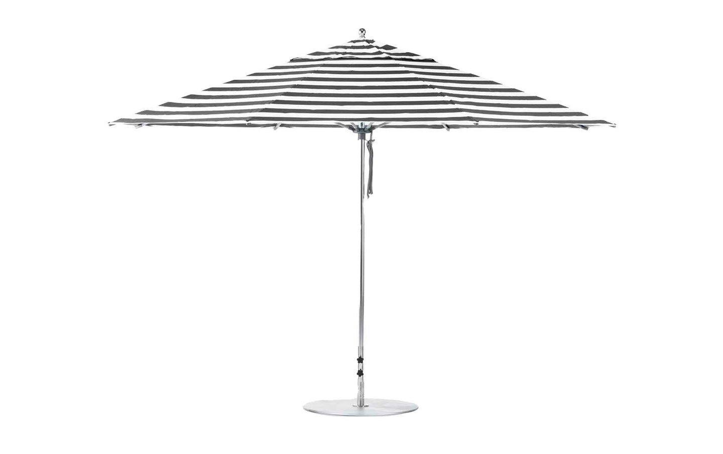 A Ledge Lounger Essential Fiberglass Umbrella, 13 Octagon with marine-grade fabrics in black and white stripes, metal pole, and round base, is displayed against a white background.