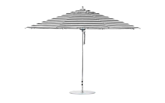 A Ledge Lounger Essential Fiberglass Umbrella, 13 Octagon with marine-grade fabrics in black and white stripes, metal pole, and round base, is displayed against a white background.