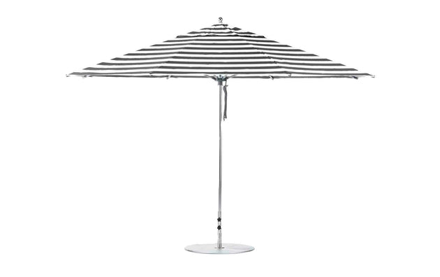 A Ledge Lounger Essential Fiberglass Umbrella, 13 Octagon with marine-grade fabrics in black and white stripes, metal pole, and round base, is displayed against a white background.