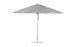 A Ledge Lounger Essential Fiberglass Umbrella, 13 Octagon with marine-grade fabrics in black and white stripes, metal pole, and round base, is displayed against a white background.