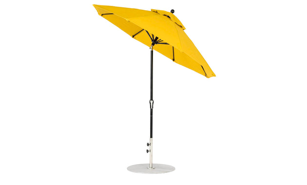 The Ledge Lounger Essential Fiberglass Umbrella - 7.5 Octagon Crank Auto Tilt features a yellow marine-grade fabric canopy, sleek black pole, and silver base. Its vented design ensures wind resistance, perfect for outdoor use.